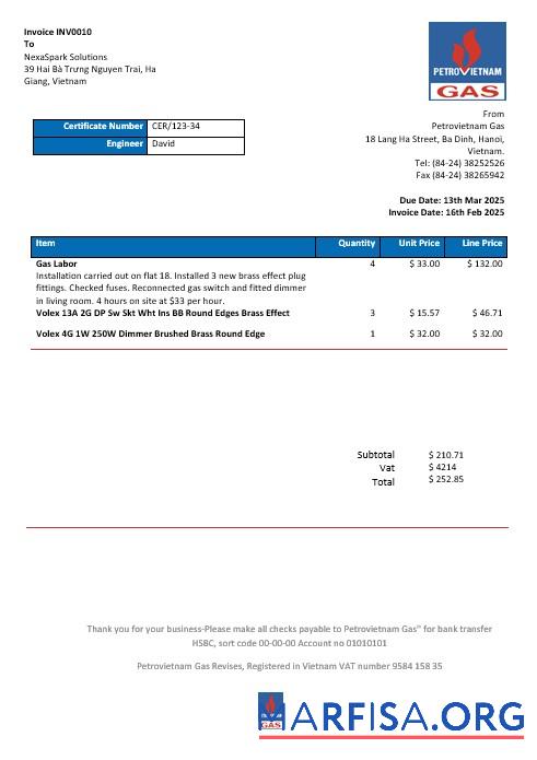 Blank Vietnam Petrovietnam Gas business utility bill template in Word and PDF formats